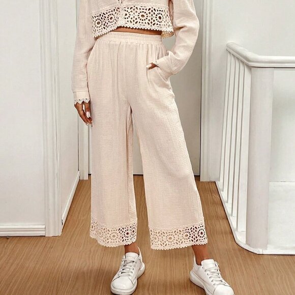 Apricot Casual Women's Fall Lace Splice Long Sleeve Cardigan And Pants - Picture 5 of 6